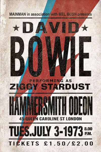 Vintage concert poster for David Bowie’s iconic Ziggy Stardust performance at Hammersmith Odeon, London, on July 3, 1973, with ticket prices listed at £1.50 and £2.00. Poster prints available in A1 to A4 sizes.