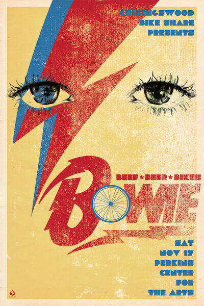 David Bowie poster with a stylized lightning bolt, two illustrated eyes, and text advertising a Collingswood Bike Share event called Bowie with Beef Beer Bikes on Sat Nov 17 at Perkins Centre for The Arts. Poster prints available in A1 to A4 sizes.