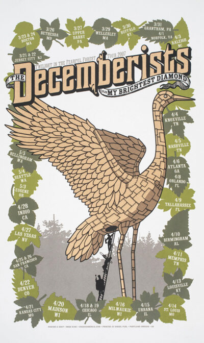 A tour poster for The Decemberists’ “Twilight in the Fearful Forest Tour 2007,” featuring a large stylized bird with leaves listing U.S. dates and locations, plus the text “Tour with My Brightest Diamond.”. Poster prints available in A1 to A4 sizes.