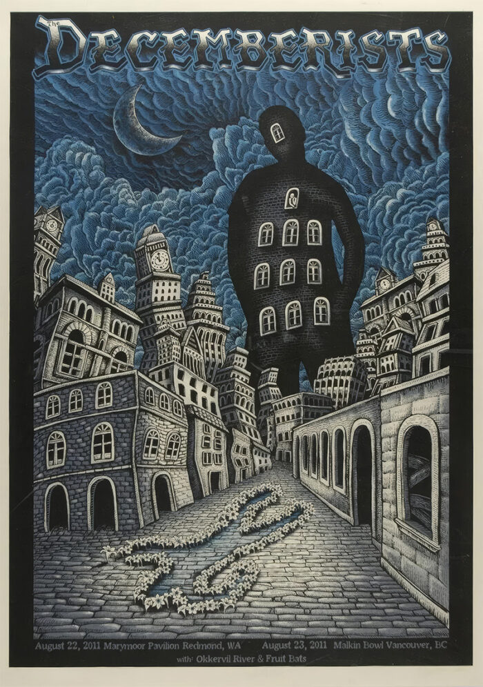 product-image Concert poster for The Decemberists in Redmond WA, featuring a surreal cityscape with tilted buildings, a crescent moon, and a large shadowy figure with windows and doors on its body. Poster prints available in A1 to A4 sizes.