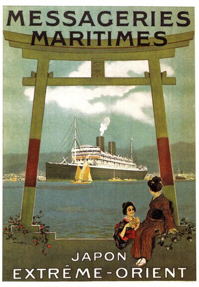 product-image Vintage Messageries Maritimes Japon travel poster shows a ship in harbor, two women in traditional Japanese attire, and a torii gate. Text reads Japon Extrême-Orient, capturing the allure of early voyages to the Far East. Poster print available in A1 to A4 sizes.