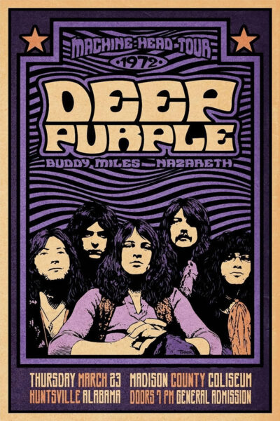 Vintage concert poster for Deep Purple’s 1972 Machine Head Tour in Huntsville, Alabama, featuring band photo, event date, venue, and supporting acts Buddy Miles and Nazareth. Poster prints available in A1 to A4 sizes.