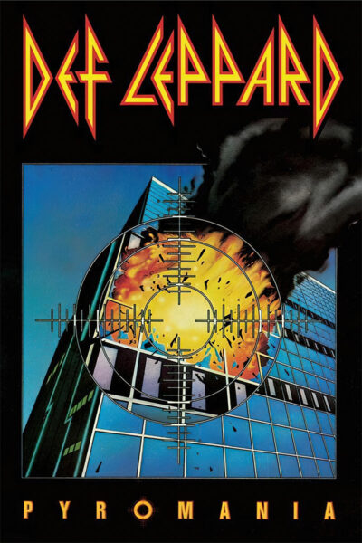 An illustration of an explosion in a high-rise building, seen through crosshairs, with Def Leppard Pyromania boldly displayed above and below. Poster prints available in A1 to A4 sizes.