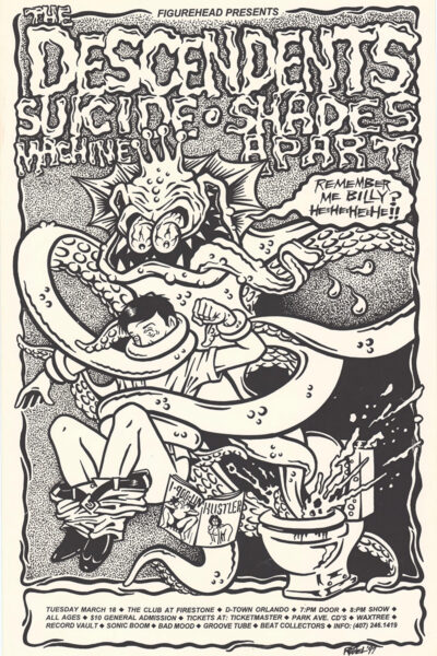 Black-and-white concert poster for the Descendents, Shades Apart, and other bands, featuring a cartoon figure being strangled by a tentacled creature among scattered items. Event details are listed at the bottom. Poster prints available in A1 to A4 sizes.