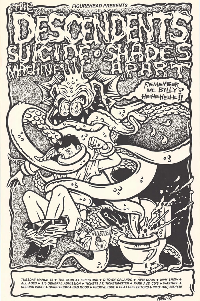 product-image Black-and-white concert poster for the Descendents, Shades Apart, and other bands, featuring a cartoon figure being strangled by a tentacled creature among scattered items. Event details are listed at the bottom. Poster prints available in A1 to A4 sizes.
