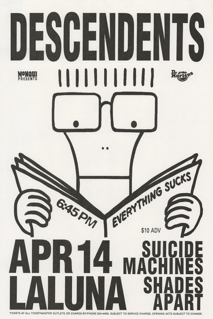 product-image Black and white concert poster for Descendents’ Everything Sucks tour, featuring a cartoon figure reading a book; concert on April 14 at La Luna with Suicide Machines and Shades Apart. Poster prints available in A1 to A4 sizes.