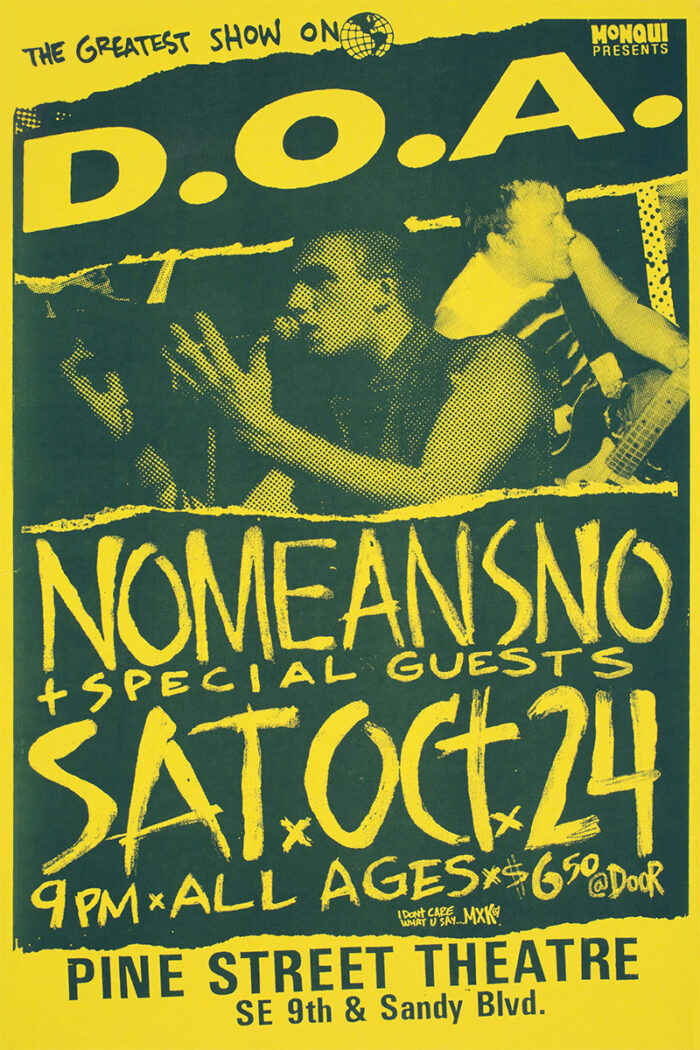 product-image Yellow and green concert poster for D.O.A. and NOMEANSNO with event details: October 24, 9 PM, Pine Street Theatre, all ages, $6.50 at the door. Poster prints available in A1 to A4 sizes.
