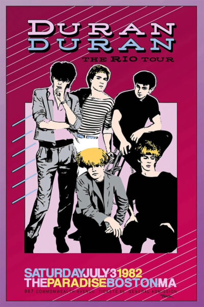Poster for Duran Duran’s Rio Tour featuring a black and white photo of the band, Boston 1982 concert details, and a vibrant pink and purple background. Poster prints available in A1 to A4 sizes.