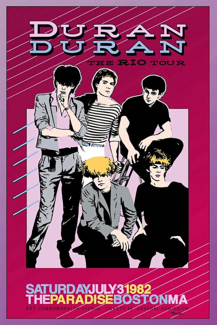 product-image Poster for Duran Duran’s Rio Tour featuring a black and white photo of the band, Boston 1982 concert details, and a vibrant pink and purple background. Poster prints available in A1 to A4 sizes.
