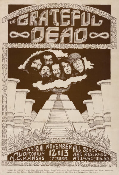 Poster for a Grateful Dead concert in Kansas at Memorial Auditorium, featuring illustrated band members above a pyramid, with concert details and an ornate border design. Poster prints available in A1 to A4 sizes.
