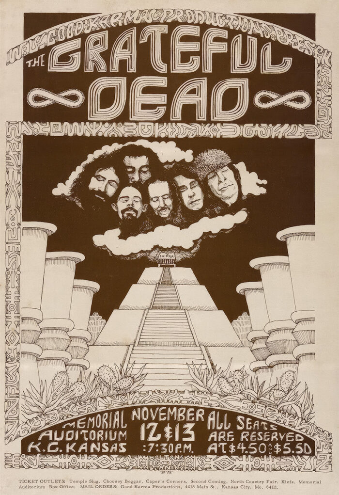 product-image Poster for a Grateful Dead concert in Kansas at Memorial Auditorium, featuring illustrated band members above a pyramid, with concert details and an ornate border design. Poster prints available in A1 to A4 sizes.
