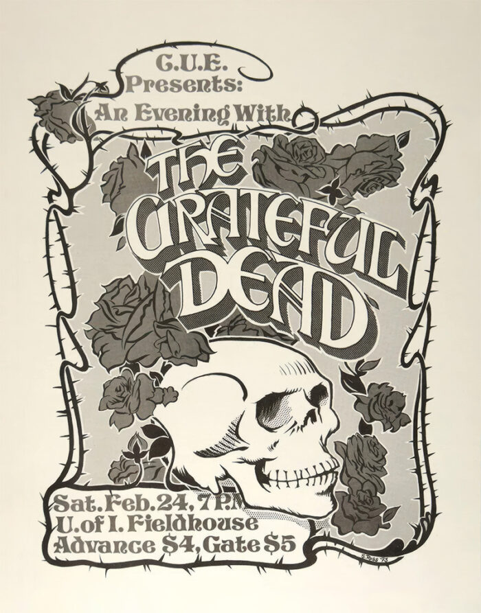 product-image Concert poster featuring a skull with roses and barbed wire, promoting the Grateful Dead at U. of I. Fieldhouse on Feb 24, 7 PM; tickets $4 advance, $5 at the gate. Poster prints available in A1 to A4 sizes.