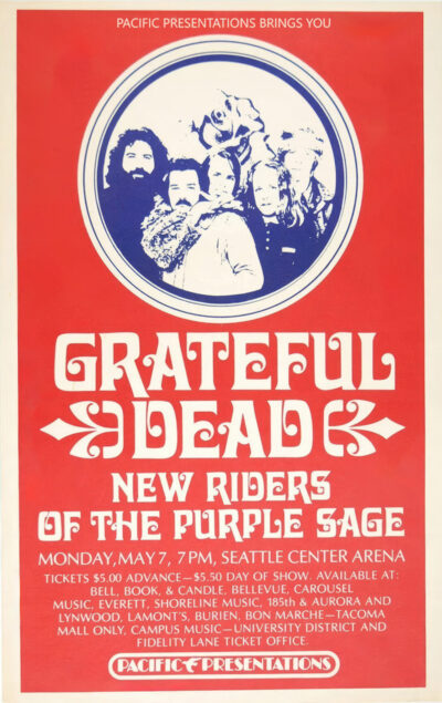 Red and white poster featuring a blue circular band illustration, promoting the Grateful Dead and New Riders of the Purple Sage live at Seattle Centre Arena on May 7, 7 PM. Poster prints available in A1 to A4 sizes.