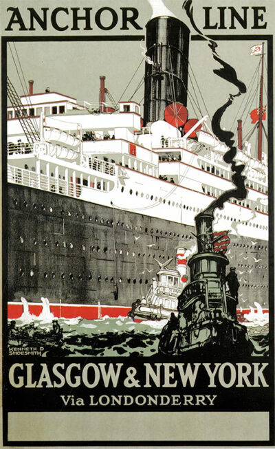 Vintage poster featuring a grand ocean liner and tugboat, promoting Anchor Line voyages connecting Glasgow and New York via Londonderry. Poster print available in A1 to A4 sizes.