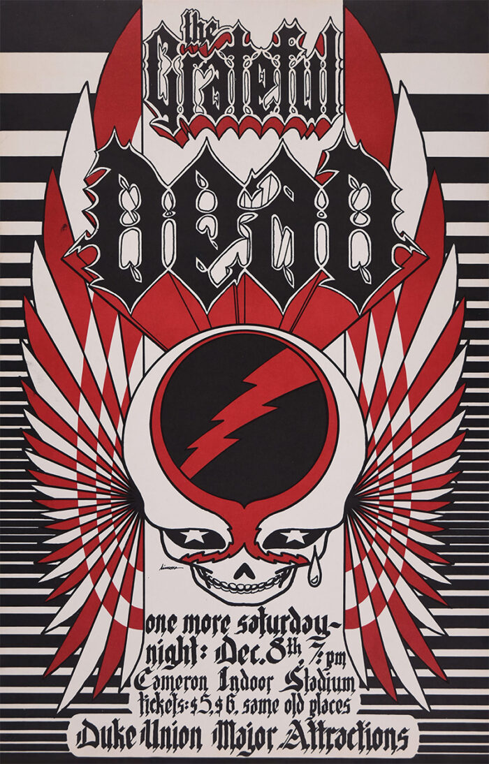 product-image Psychedelic Grateful Dead concert poster with a winged skull, red lightning bolt, and event details for their December 8 One More Saturday Night show at Cameron Indoor Stadium, Duke University. Poster prints available in A1 to A4 sizes.