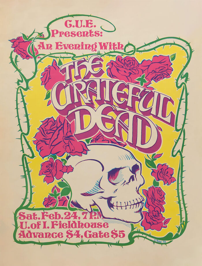 product-image Colourful concert poster for the Grateful Dead featuring a skull, roses, and event details for Feb 24 at U. of I. Fieldhouse; advance tickets $4, gate $5. Poster prints available in A1 to A4 sizes.