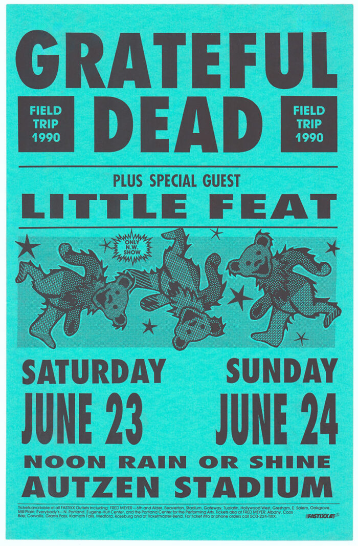 product-image A teal Grateful Dead concert poster with Little Feat for the Field Trip 1990, listing June 23 and 24 shows at Autzen Stadium, features playful dancing bear illustrations. Poster prints available in A1 to A4 sizes.
