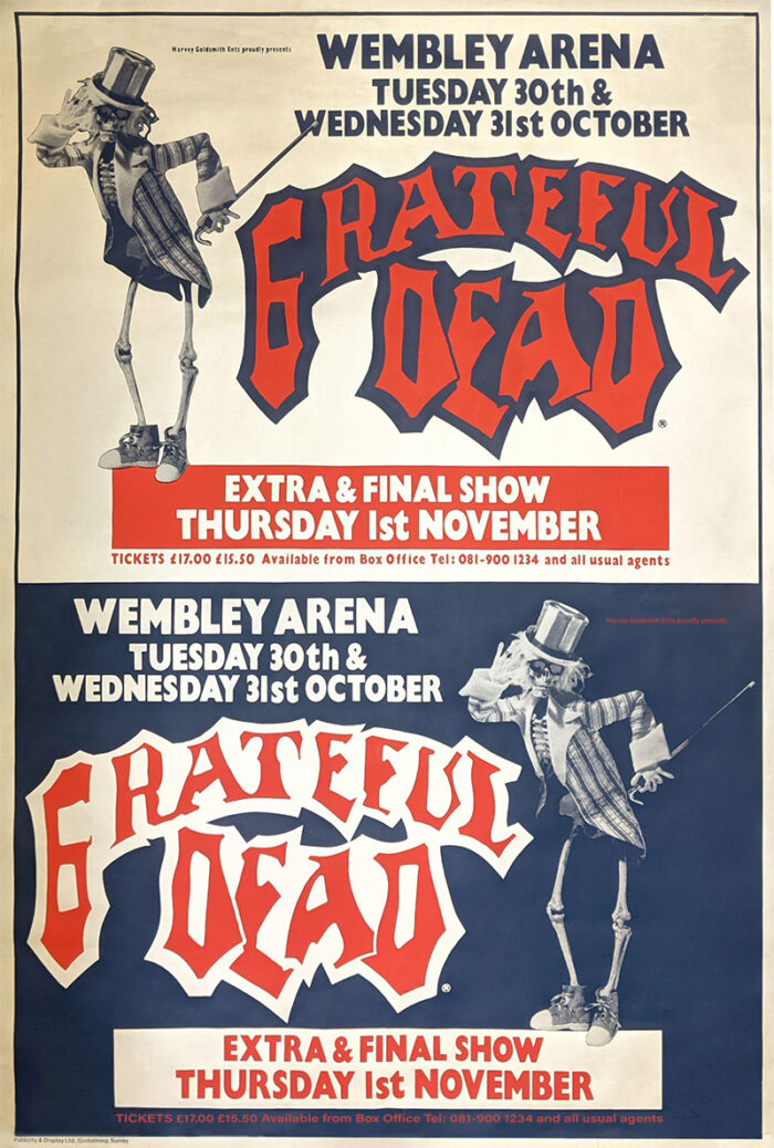 product-image Poster for Grateful Dead concerts at Wembley Arena on October 30-31 and November 1, featuring a skeleton in a top hat beneath the bold, red Grateful Dead band name—an iconic October event. Poster prints available in A1 to A4 sizes.