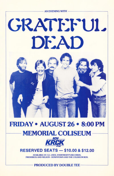 Poster for Grateful Dead’s concert at Memorial Coliseum on August 26, 8:00 PM, featuring a band photo and ticket prices of $10.00 and $12.00. Poster prints available in A1 to A4 sizes.