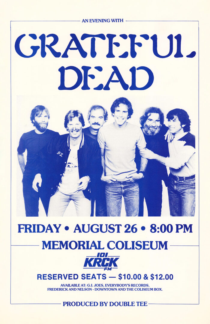 Poster for Grateful Dead’s concert at Memorial Coliseum on August 26, 8:00 PM, featuring a band photo and ticket prices of $10.00 and $12.00. Poster prints available in A1 to A4 sizes.