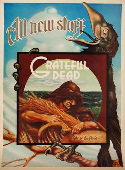 A poster with New Stuff at the top, a crow on the right, and Grateful Dead above an image of a hooded figure harvesting wheat by the sea—a nod to Wake of the Flood. Poster prints available in A1 to A4 sizes.