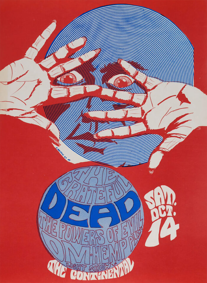 product-image Psychedelic concert poster with a stylized face and hands, advertising The Grateful Dead at The Continental on Saturday, October 14; red, blue, and white colour scheme celebrates the night’s lineup with The Powers of Evil. Poster prints available in A1 to A4 sizes.