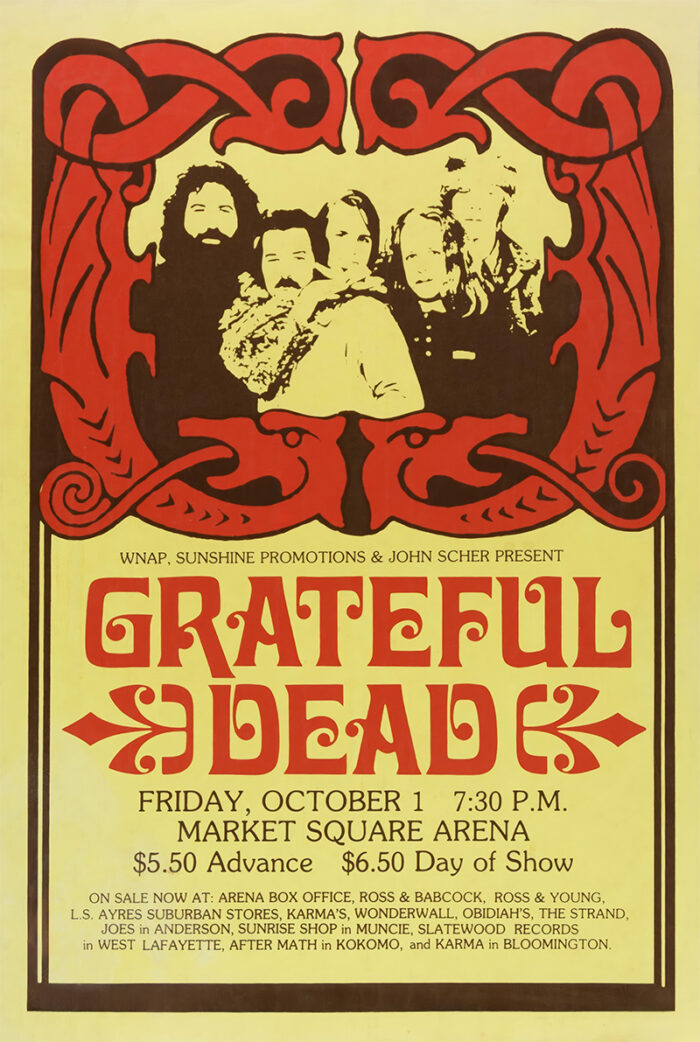 product-image A vintage poster for the Grateful Dead concert on October 1 at 7:30 PM at Market Square Arena, featuring a band photo and ticket information. Poster prints available in A1 to A4 sizes.