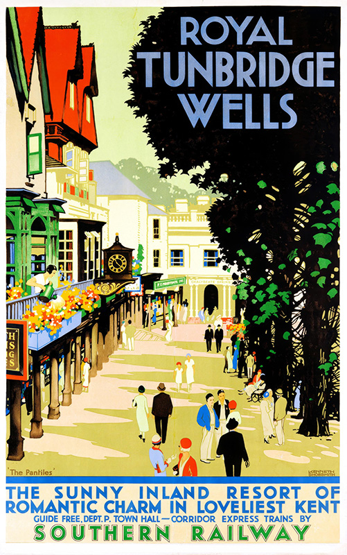 product-image Vintage travel poster by SHOESMITH Kenneth for Royal Tunbridge Wells shows people strolling along a sunlit promenade lined with shops and trees, advertising Southern Railway service to the resort. Poster print available in A1 to A4 sizes.