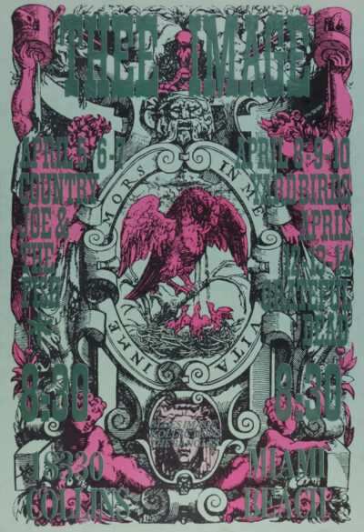 A vintage concert poster showcasing a pink eagle illustration and event details for Country Joe & The Fish, Iron Butterfly, and Grateful Dead at Miami Beach in April. Poster prints available in A1 to A4 sizes.