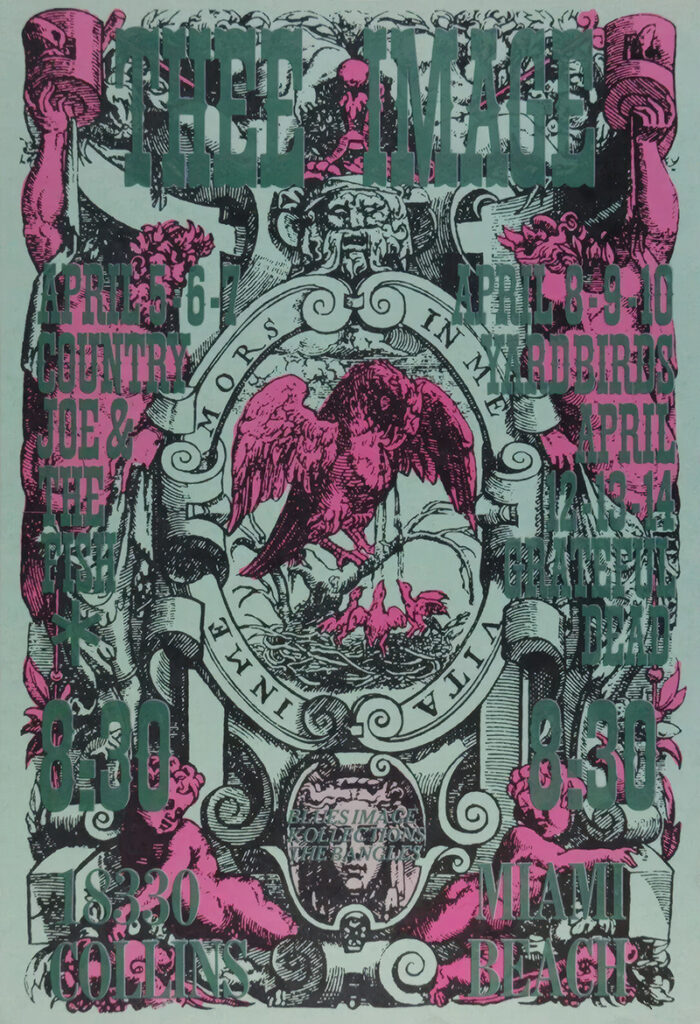 product-image A vintage concert poster showcasing a pink eagle illustration and event details for Country Joe & The Fish, Iron Butterfly, and Grateful Dead at Miami Beach in April. Poster prints available in A1 to A4 sizes.