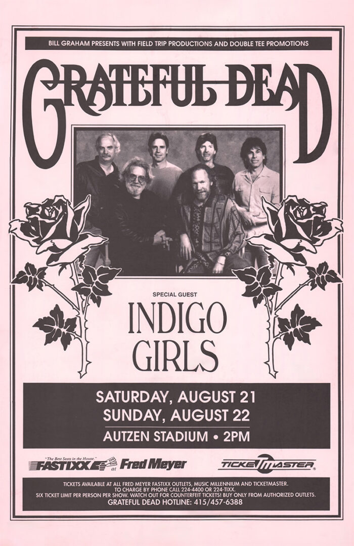 product-image Poster for the Grateful Dead concert with special guest Indigo Girls at Autzen Stadium on August 21-22, featuring a band photo and all event details. Poster prints available in A1 to A4 sizes.