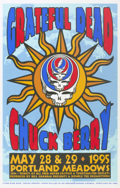 Colourful poster for a 1995 Grateful Dead and Chuck Berry concert at Portland Meadows, featuring a skull and lightning bolt logo with event details below. Poster prints available in A1 to A4 sizes.