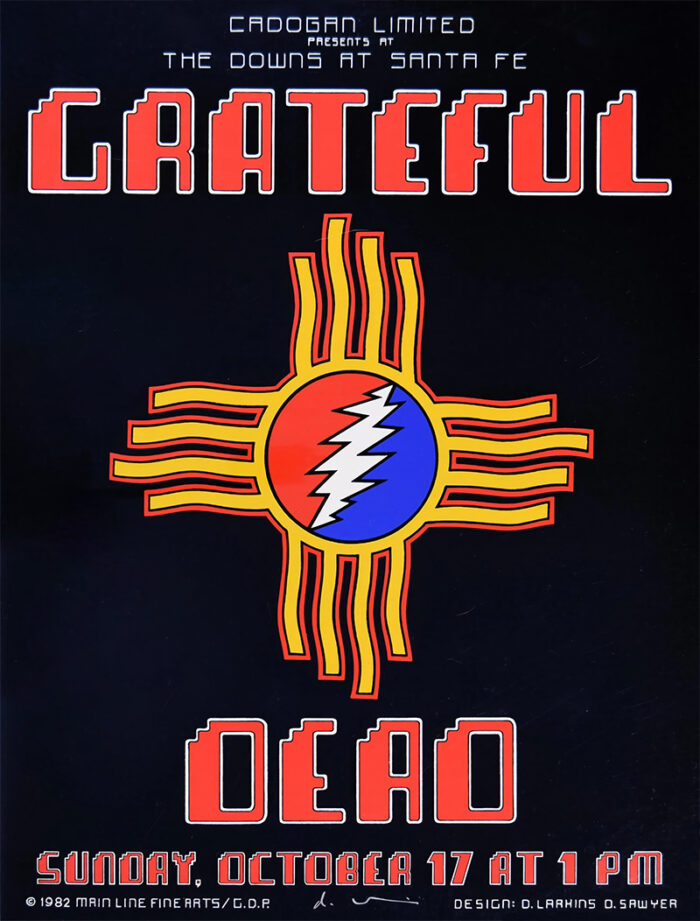 Poster for the 1982 Grateful Dead concert at The Downs at Santa Fe on Sunday, October 17 at 1 PM, featuring the bands logo and a Zia sun symbol. Poster prints available in A1 to A4 sizes.