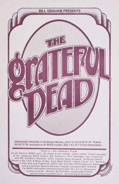 Vintage concert poster for the Grateful Dead at Orpheum Theatre, San Francisco, July 12-18. Event info and ticket details appear in stylized purple text. Poster prints available in A1 to A4 sizes.