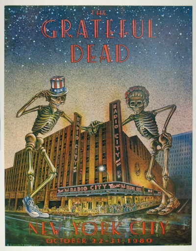 Illustrated poster of two skeletons dancing outside Radio City Music Hall, advertising the Grateful Dead concerts in New York City, October 1980. Poster prints available in A1 to A4 sizes.