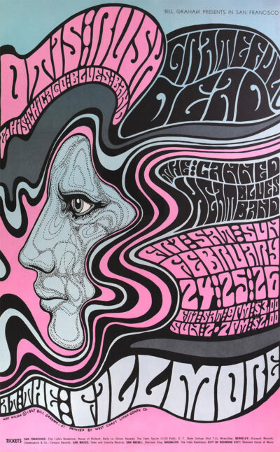 Psychedelic concert poster featuring a stylized face, swirling text, and event details for the Grateful Dead at The Fillmore in San Francisco, February 24-26, 1967. Poster prints available in A1 to A4 sizes.
