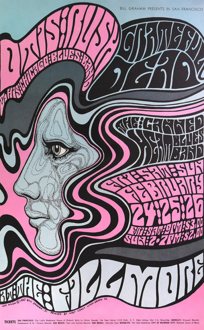 product-image Psychedelic concert poster featuring a stylized face, swirling text, and event details for the Grateful Dead at The Fillmore in San Francisco, February 24-26, 1967. Poster prints available in A1 to A4 sizes.