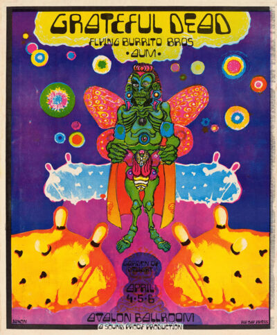 Psychedelic concert poster for Grateful Dead and Flying Burrito Bros at Avalon Ballroom, featuring a colourful alien figure set against a vibrant, abstract background. Poster prints available in A1 to A4 sizes.