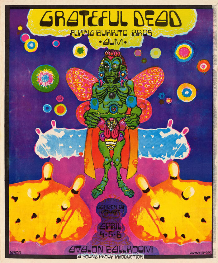 product-image Psychedelic concert poster for Grateful Dead and Flying Burrito Bros at Avalon Ballroom, featuring a colourful alien figure set against a vibrant, abstract background. Poster prints available in A1 to A4 sizes.