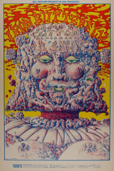 Psychedelic concert poster featuring a surreal, multi-faced head made of clouds and faces, with vibrant red and yellow text reading IRON BUTTERFLY at the top—an iconic nod to the Fillmore scene in San Francisco. Poster prints available in A1 to A4 sizes.