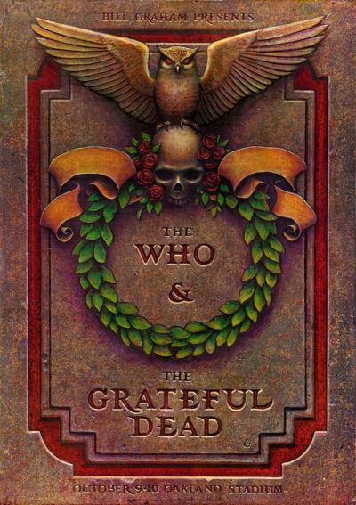 Concert poster featuring an owl on a skull with roses and leaves, advertising The Who and The Grateful Dead live at Oakland Stadium, October 9-10. Poster prints available in A1 to A4 sizes.