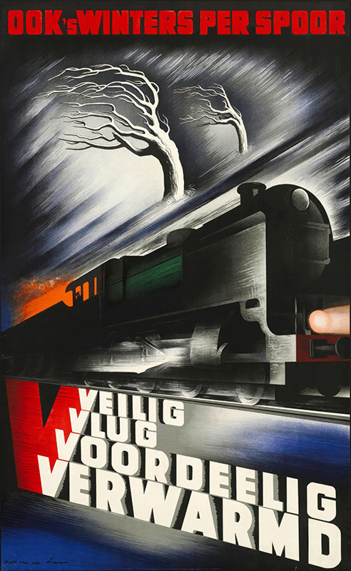 product-image A stylized vintage Travel Poster shows a train speeding down tracks at night, with windblown trees in the background and bold Dutch text—Winters per Spoor—promoting winter rail travel. Poster print available in A1 to A4 sizes.