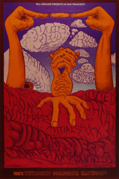 Psychedelic concert poster with illustrated hands and swirling clouds forming band names like Iron Butterfly and Butterfield Blues Band, vibrant event details, and Fillmore Auditorium highlighted—capturing the spirit of San Francisco 1968. Poster prints available in A1 to A4 sizes.