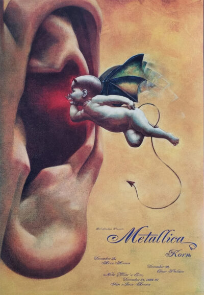 A winged cherub with dragon wings hovers in front of a wide open mouth. Text at the bottom promotes the Metallica and Korn 1996-1997 concert. Poster prints available in A1 to A4 sizes.
