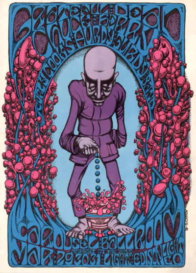 A psychedelic concert poster evokes the Grateful Dead at Carousel Ballroom, showing a bald, purple-clad figure with large hands and feet, holding beads above a bowl amid swirling pink and blue shapes and stylized text. Poster prints available in A1 to A4 sizes.