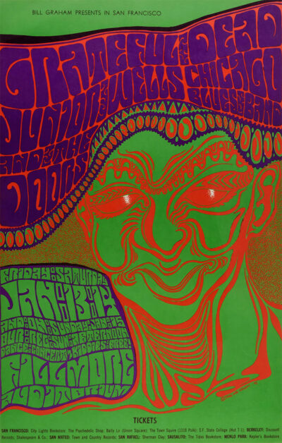 Psychedelic concert poster featuring distorted text listing Grateful Dead and Junior Wells, with an abstract, colourful face illustration in the background, inspired by legendary shows at Fillmore San Francisco. Poster prints available in A1 to A4 sizes.