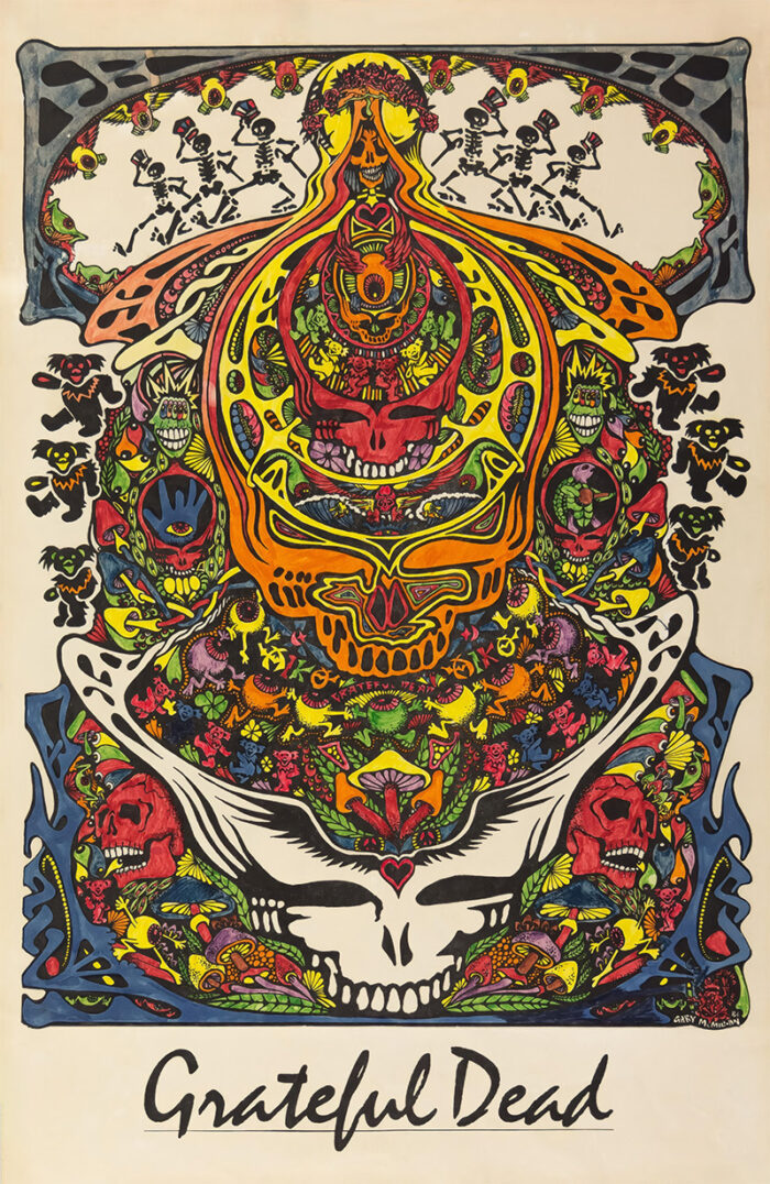 product-image Psychedelic Skull poster featuring colourful, intricate patterns, skulls, roses, and classic Grateful Dead iconography, with Grateful Dead boldly written at the bottom in striking script. Poster prints available in A1 to A4 sizes.