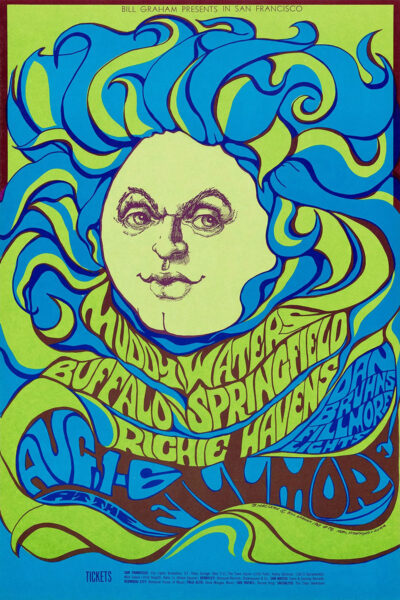 Psychedelic concert poster featuring a stylized face and swirling text for Muddy Waters, Buffalo Springfield, Richie Havens, and Grateful Dead at the Fillmore San Francisco in 1967, with event details in blue and green tones. Poster prints available in A1 to A4 sizes.