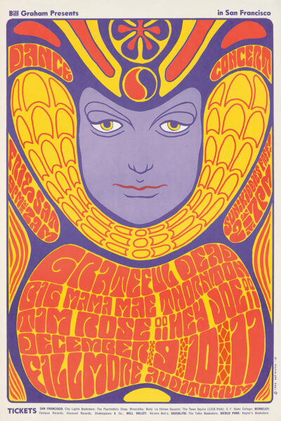 Psychedelic concert poster featuring a stylized woman’s face surrounded by swirling yellow and red text promoting a 1967 Grateful Dead and Big Mama Thornton event at the Fillmore San Francisco. Poster prints available in A1 to A4 sizes.