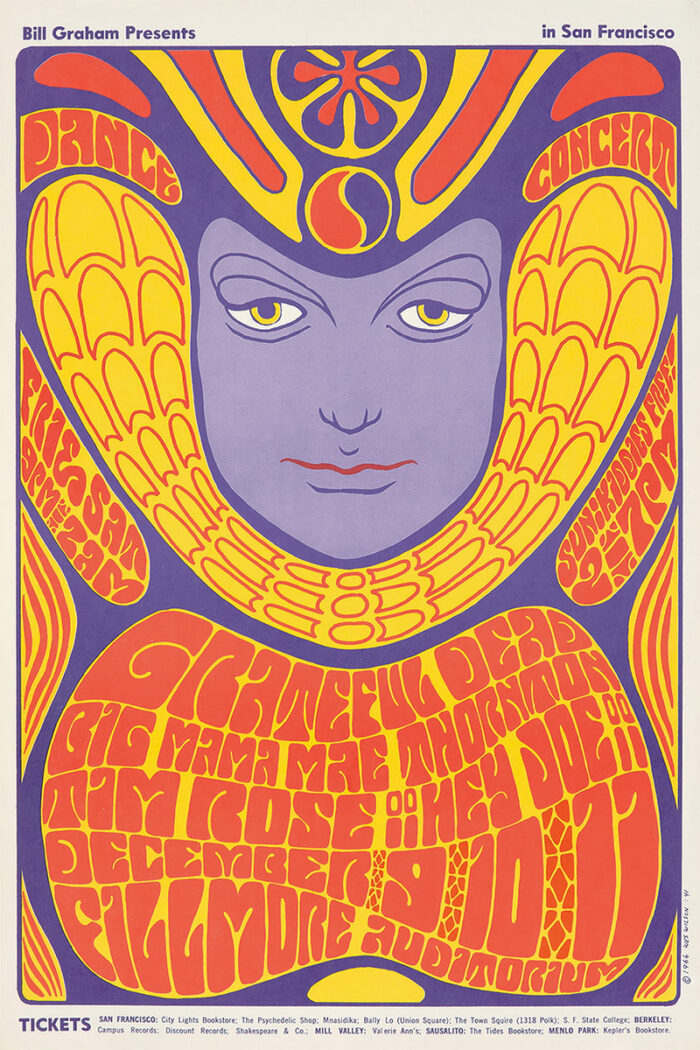 product-image Psychedelic concert poster featuring a stylized woman’s face surrounded by swirling yellow and red text promoting a 1967 Grateful Dead and Big Mama Thornton event at the Fillmore San Francisco. Poster prints available in A1 to A4 sizes.